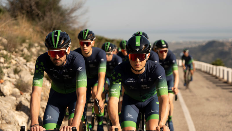 A group of Team Novo Nordisk riders cycling together.